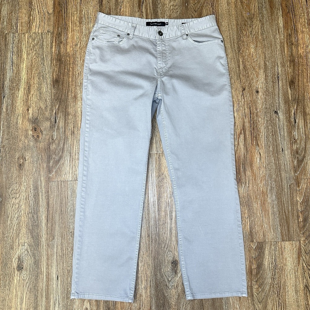 Calvin Klein Mens Flat Front Straight Leg Classic Fit Grey Casual Pants Sz 36x30